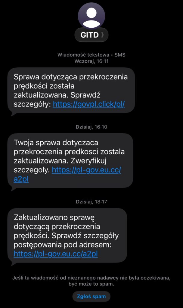 Fałszywe SMS-y od nadawcy GITD o rzekomym przekroczeniu prędkości – zrzut ekranu